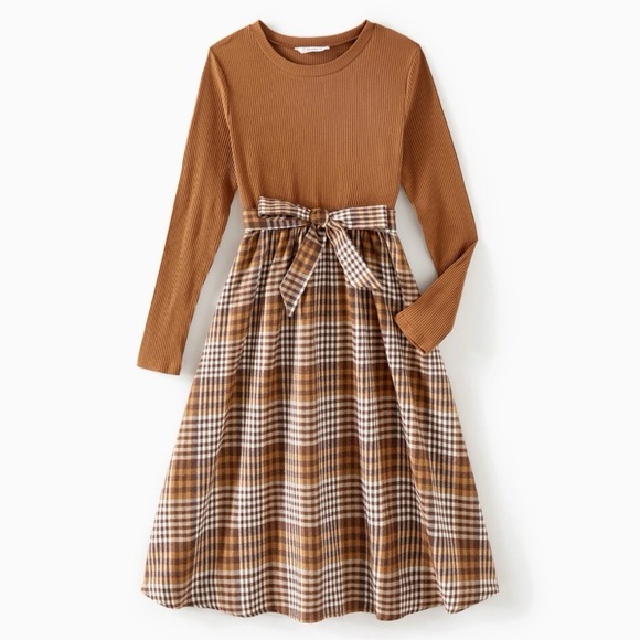 PatPat Dresses & Skirts - Women Ribbed Spliced Brown Plaid Belted Dresses and Long-sleeve Colorblock Tops